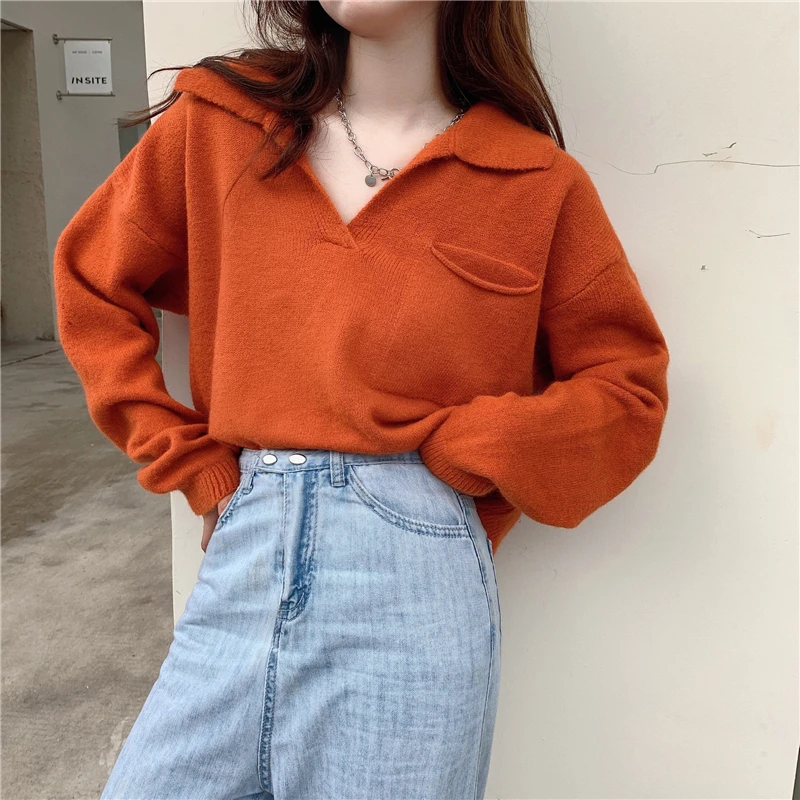 

V-neck Pullovers Knitted Women's Clothing Sweaters Loose Korean Clothes Fashion Brand Autumn Style Ladies Tops Casual New