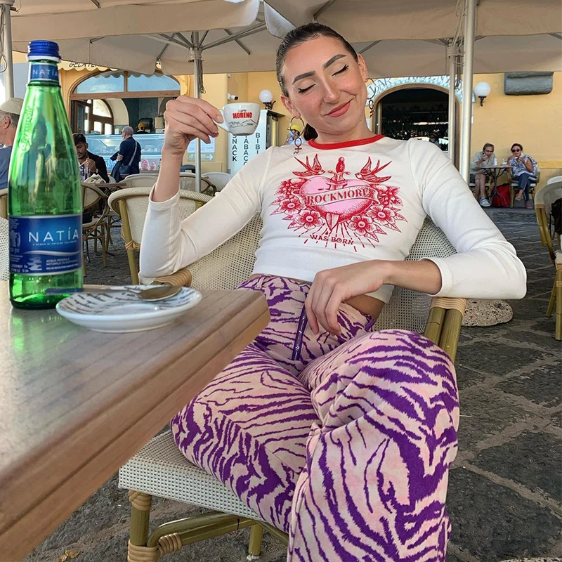 Фиолетовый Тигр Полосатый Y2K эстетическое джоггеры Для женщин расклешенные