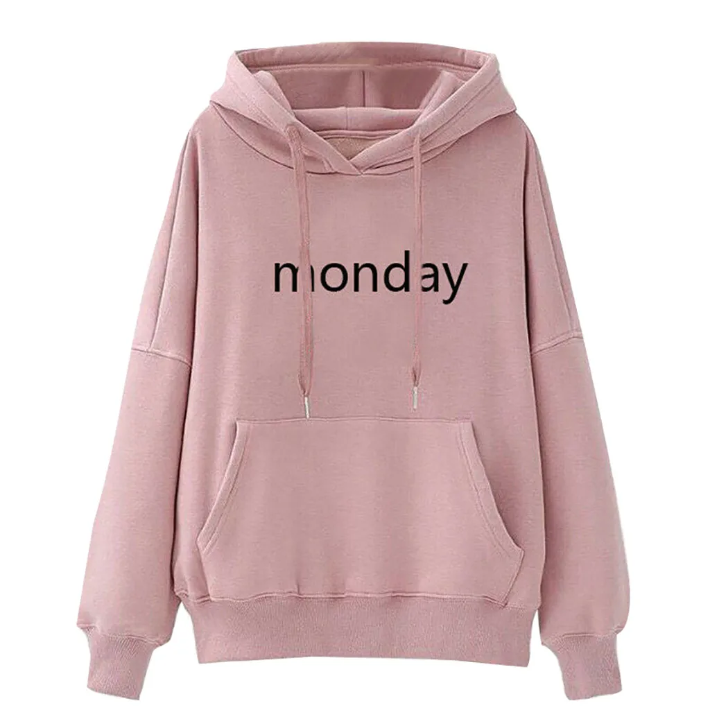 

Модная женская толстовка с длинным рукавом и надписью Понедельник, свитер с карманами на шнурке, Женская толстовка, толстовка с капюшоном