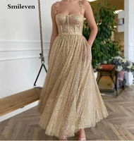 smileven gold glitter short prom dresses straps a line ankle length evening dress party dresses custom made