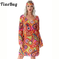 womens 2 piece set hippie girl costume retro print flared sleeve dress with headband disco dresses