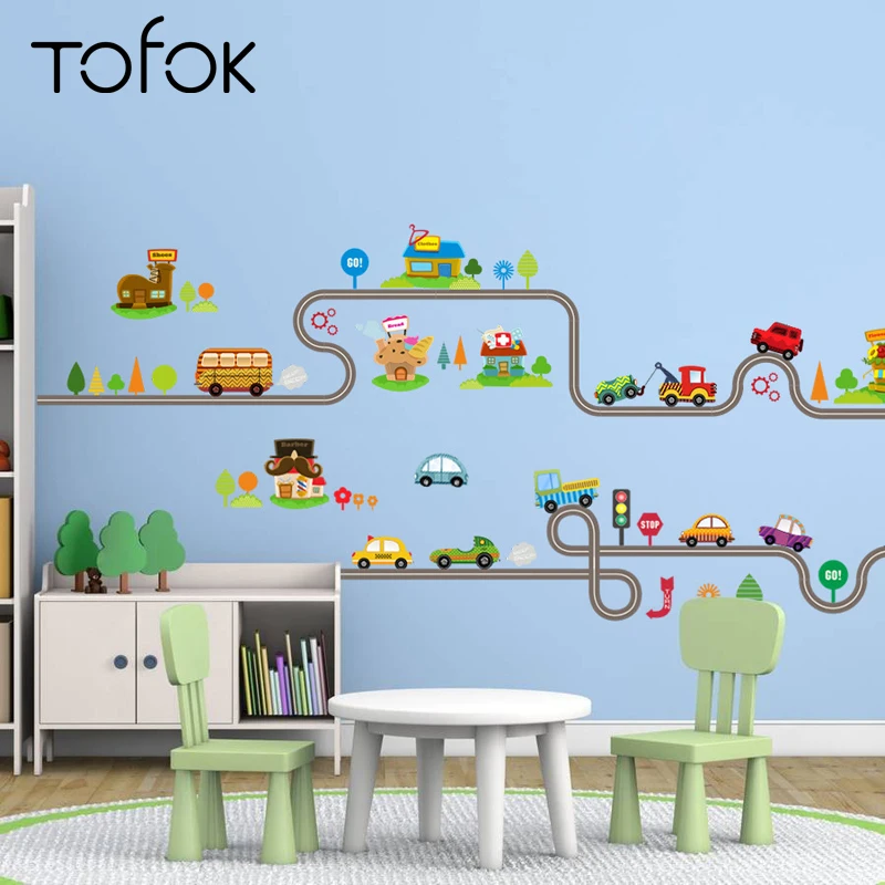 Tofok мультфильм мини автомобиль обмотки дорога стикер стены Детская спальня обои домашний детский Декор симпатичное панно наклейка