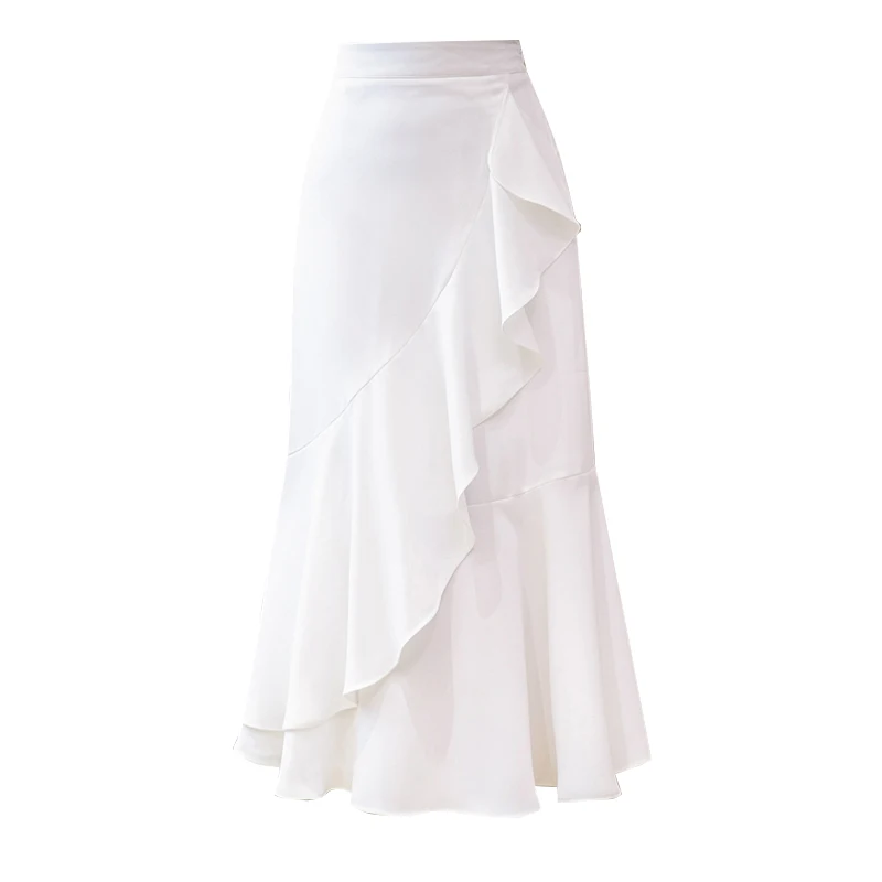 

Women's Shirt 2021 Kawaii Summer Women Skirts High Waist Ruffles Girl's Long Skirt Women White Mid-calf A-line Clothes for Women