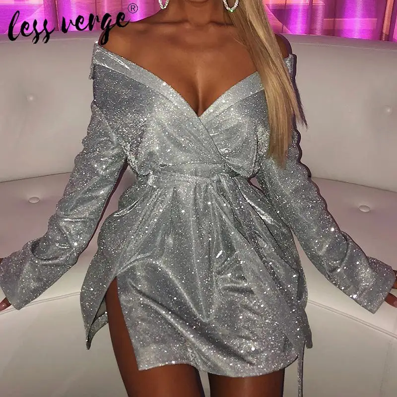 Женское платье с люрексом Lessverge серебряное блестящее вечернее разрезом и