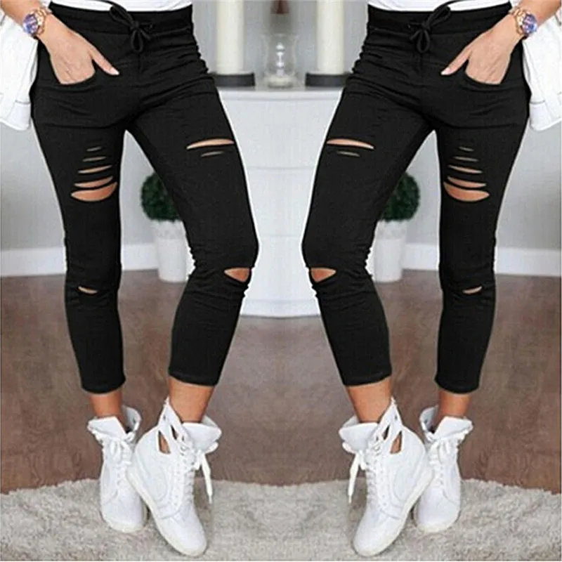 

Hot Fashion Women Ripped Holes Capri-pants Pencil High Waist Pants Skinny Trousers