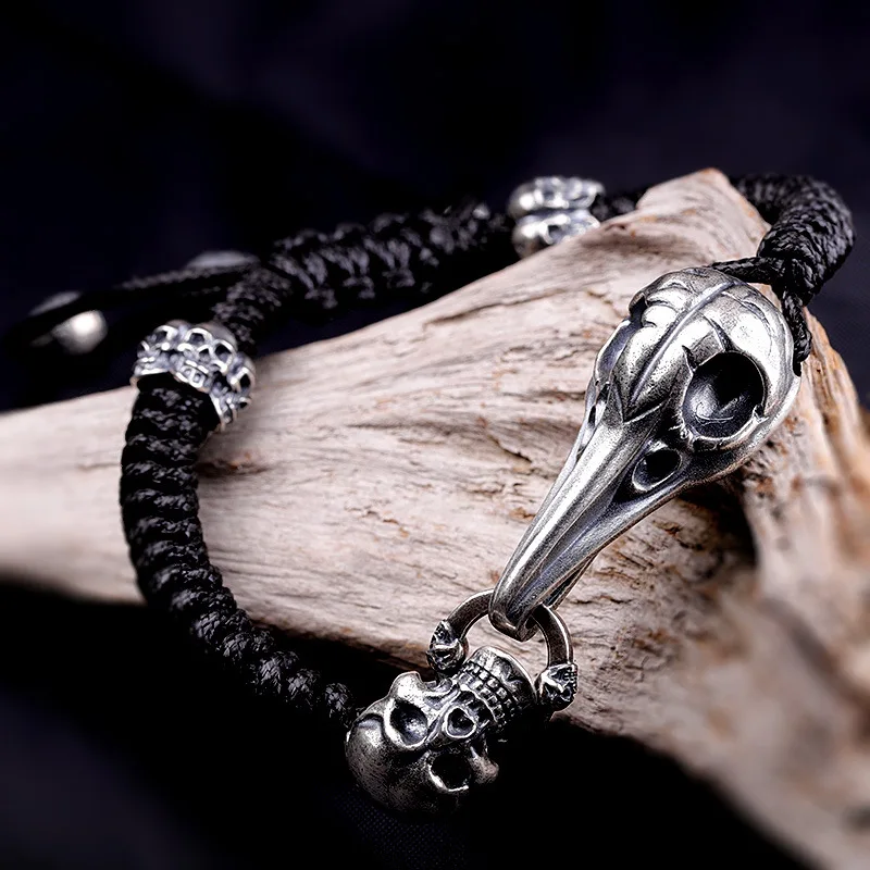 

New S925 Sterling Silver colour Skull Bracelets Bangle Hand Braided Adjustable Rope Bracelet Skeleton Charm Bracelet Men Jewelry