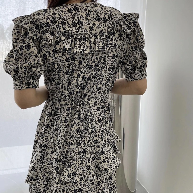 

GALCAUR Floral Dress For Women V Neck Puff Short Sleeve High Waist A Line Ankle Length Ruched Dresses Female Fashion 2021 Summer