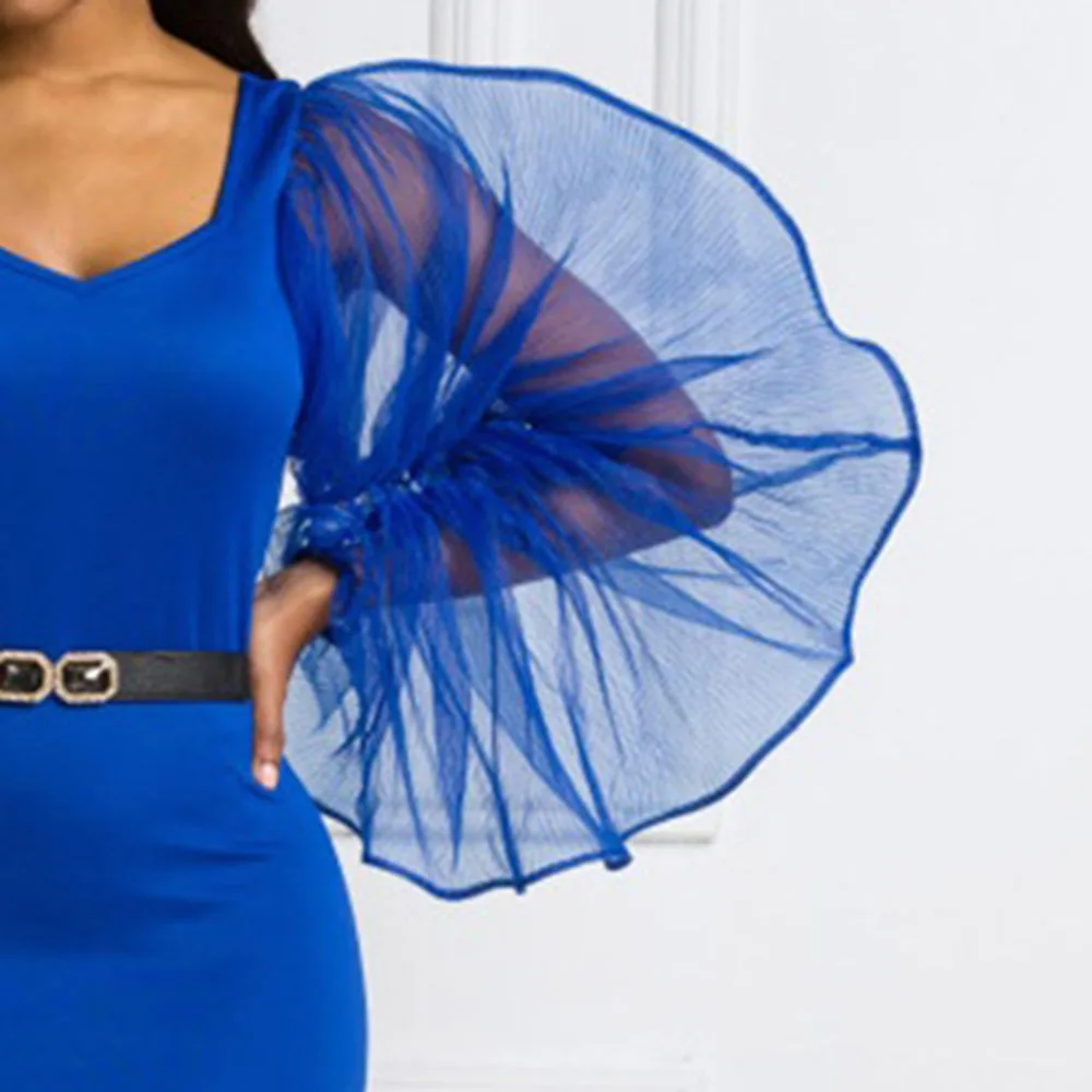 

African Ladies Blue Sheer Mesh Puff Long Sleeve Dress Vintage Party Bodycon Solid Knee Length Pencil Dresses Female Vestidos