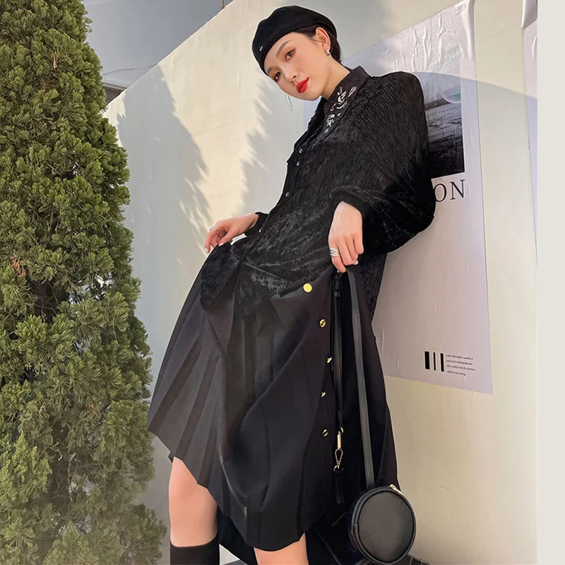 

LANMREM Women Embroidery Black Velvet BigSize Blouse New Lapel Long Lantern Sleeve Shirt Fashion Tide Spring Autumn 2021 2F0054