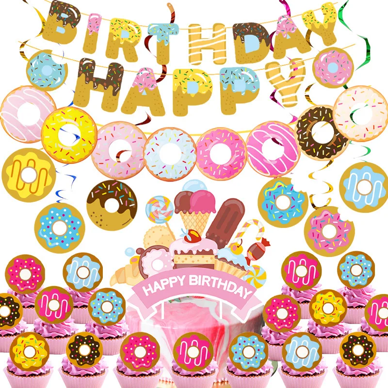 

Sweet Pink Donuts Grow Up Baby Shower Theme Happy Birthday Party Banners Disposable Tableware Sets and Cake Decoration Supplies