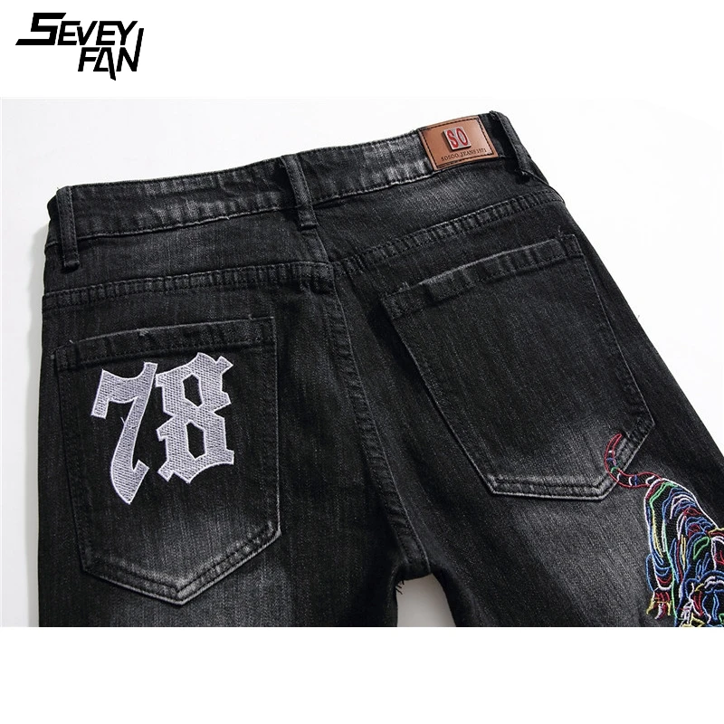 

Fashion Skull Jeans Women Tiger Embroidery Patchwork Hip Hop Hole Denim Pants Black Streetwear Slim Pencil Jean Trousers Tassel