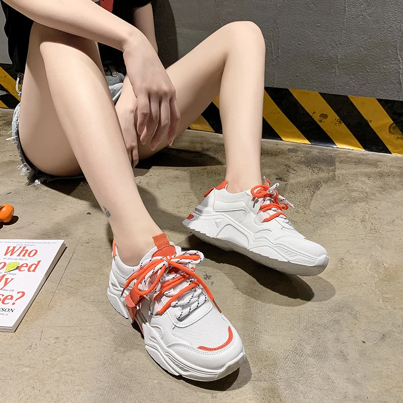 

Plus Size Chunky Sneakers Women Shoes Woman Leather Casual Shoes Flat Platform Mixed Color Vulcanized Shoes Lace Up Ladies Shoes