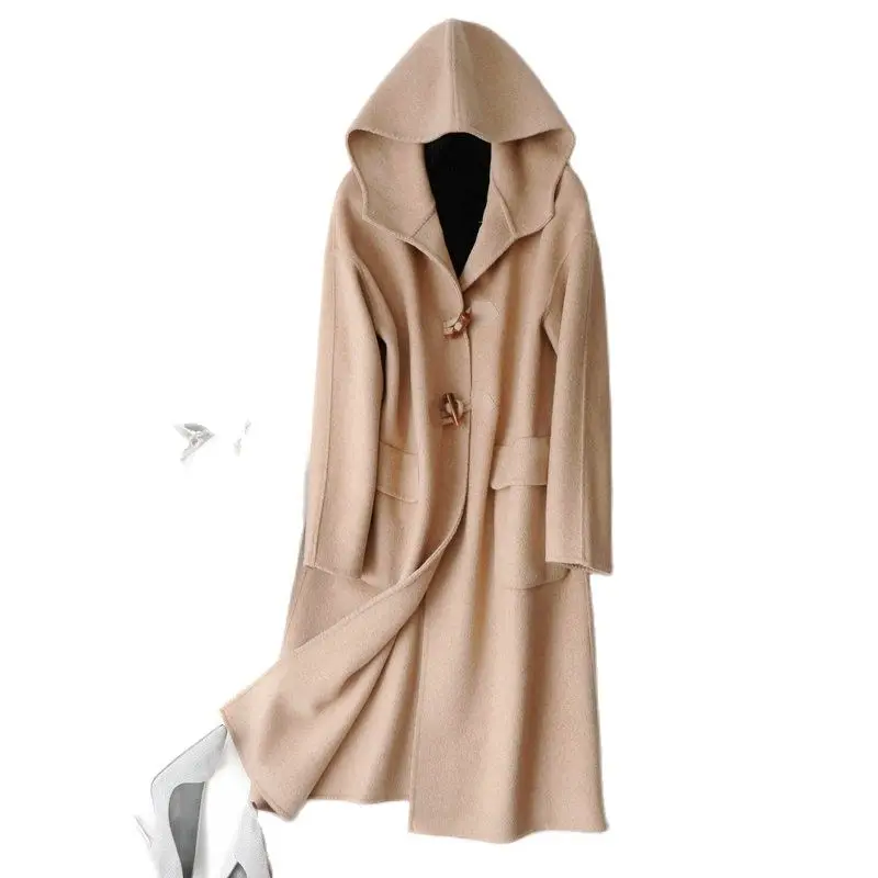 

Double faced woolen coat women 2021 long Camel horn buckle double-sided cashmere coat women double sided wool coat trench women