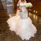 Роскошные свадебные платья E JUE SHUNG с открытыми плечами и юбкой-годе, свадебные платья с бисером и шнуровкой сзади, свадебное платье