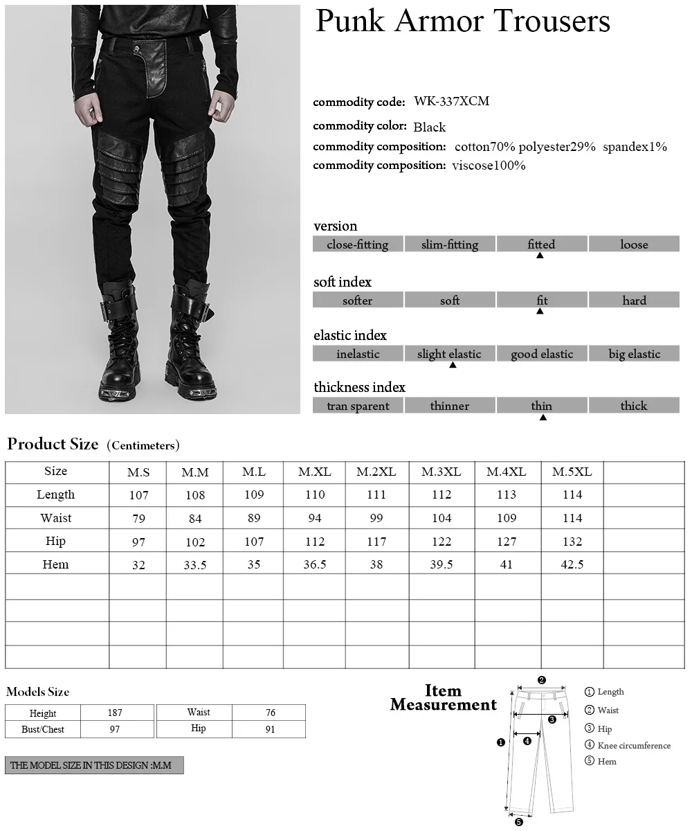 

PUNKRAVE Men's Punk PU Leather Armor Trousers Personality Handsome Metal Zipper Decoration Twill Denim Streetwear Long Pants