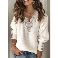 women lace patchwork sweaters 2021 autumn buttons knit pullovers elegant winter sexy v neck knitted sweater tops jumpers