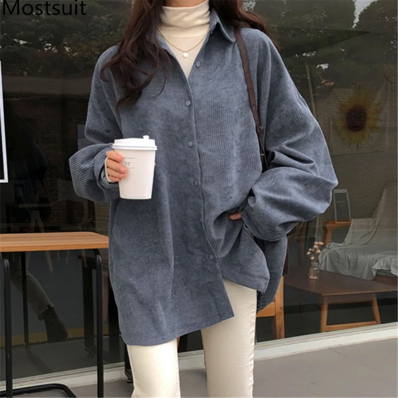

Boyfriend Corduroy Women Shirt Full Sleeve Single Breasted Turn-down Collar Casual Fashion Loose Solid Shirt Tops Femme 2021