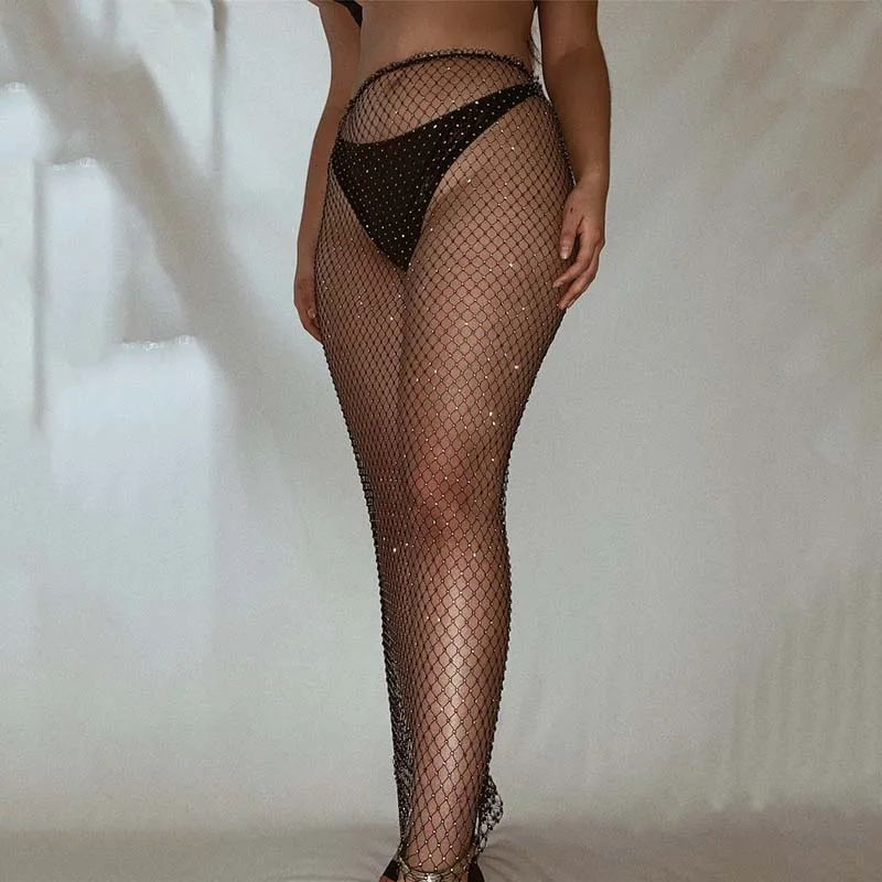 Юбка Женская длинная в сеточку прозрачная ажурная со стразами с завышенной