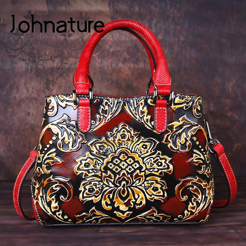 Женские сумки из натуральной кожи Johnature винтажные через плечо с тиснением ручной