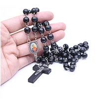 handmade cropped needle wooden rosary beads necklace cross pendant religious christian catholic ornaments jewelry accessories