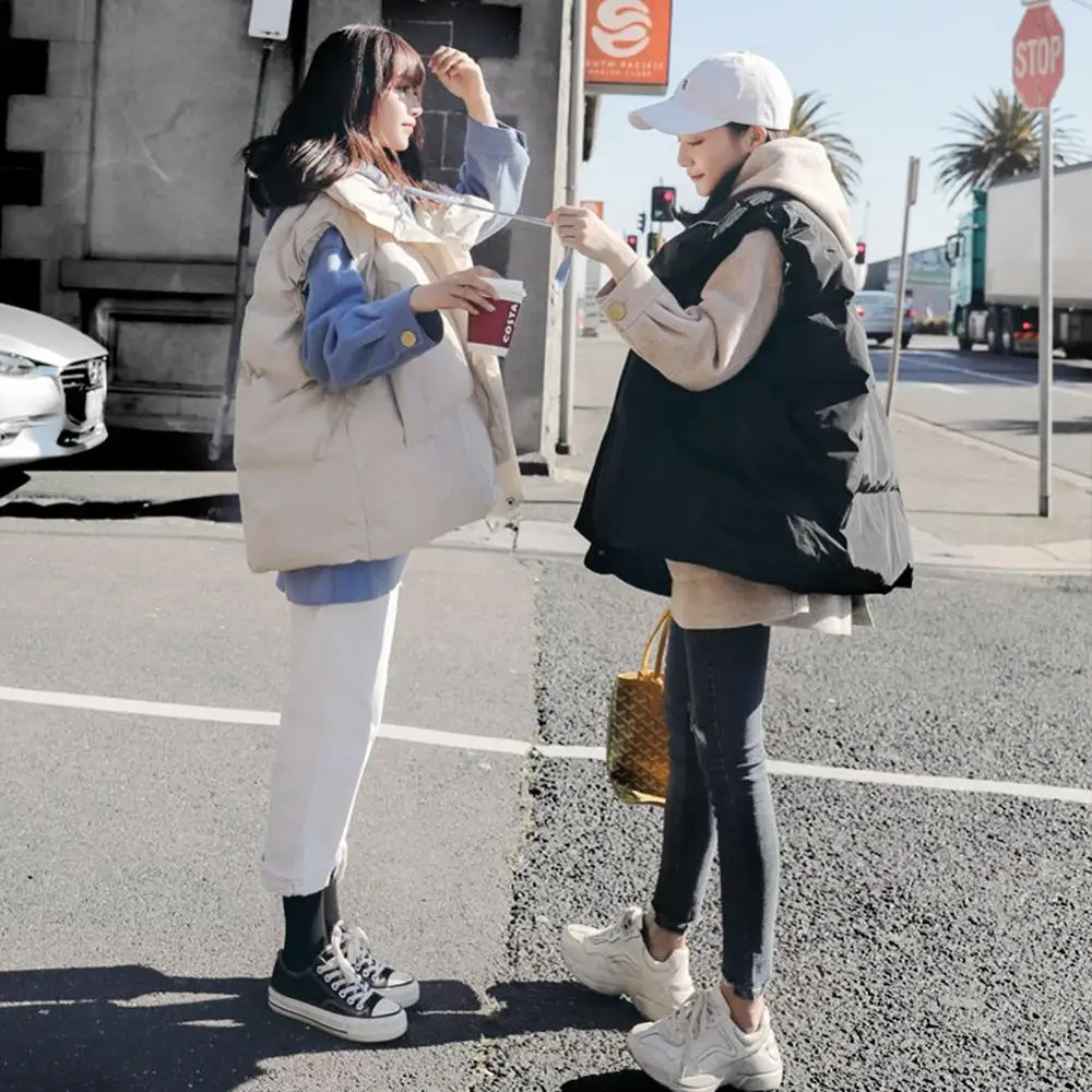 

Oversize Autumn Winter Cotton Down Vest Coat Women Loosed Short Outerwear Plus Size Solid Woman Sleeveless Jacket Overcoat Black