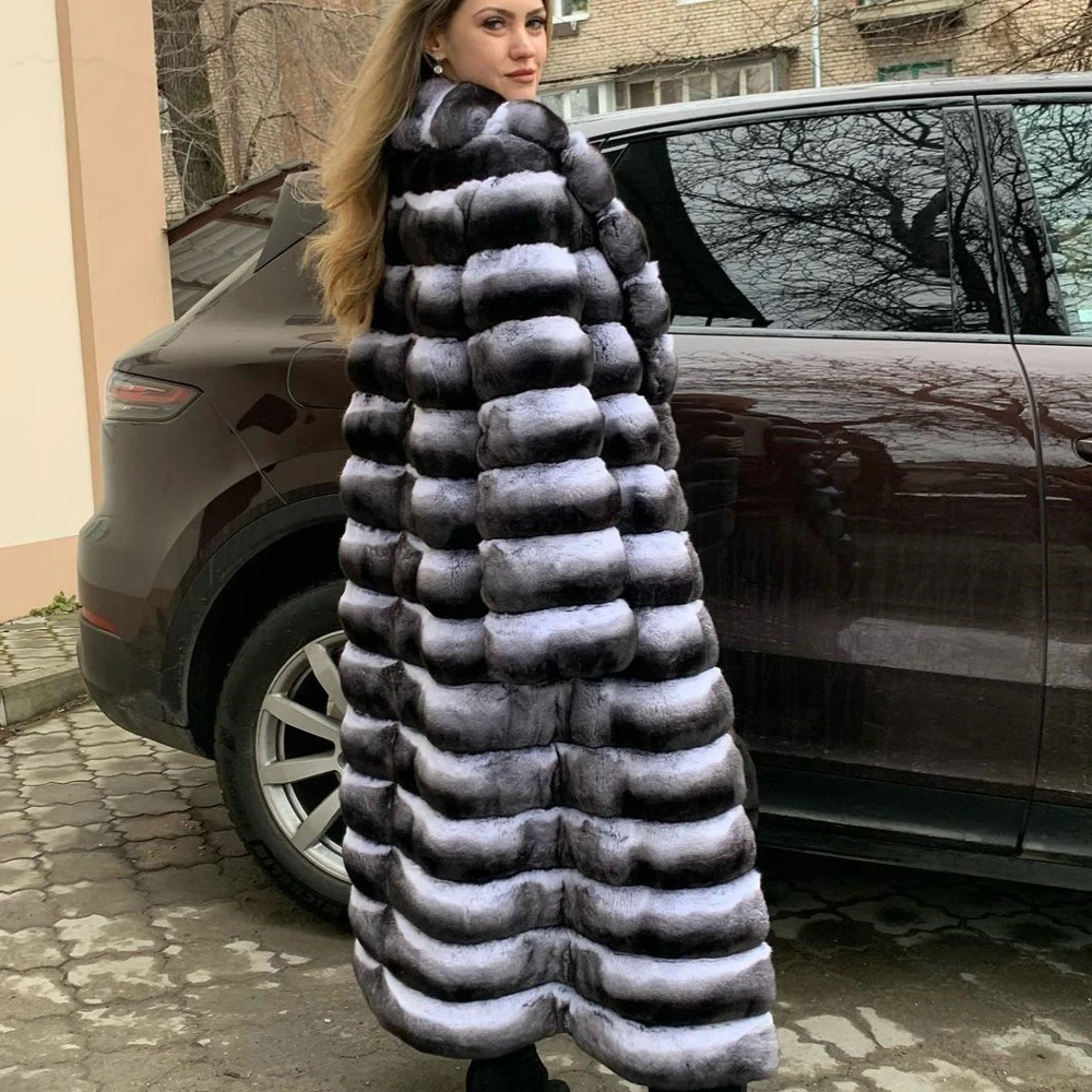 120cm Long Real Rex Rabbit Fur Coat Chinchilla Color Women Fashion Winter New Full Pelt Natural Rex Rabbit Fur Coats Outwear