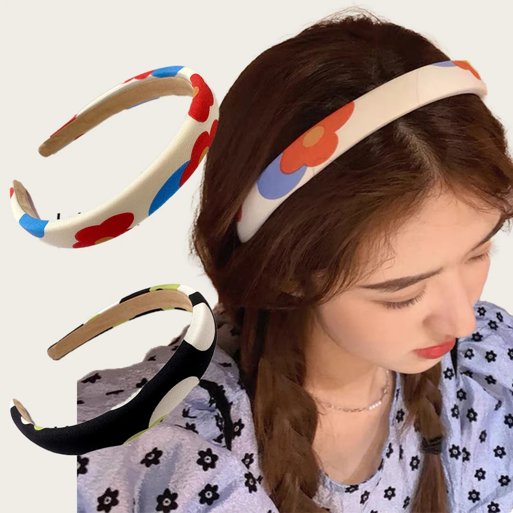 

Colorful Flower Print Sponge Headband Paded Hair Hoop Vintage Bezel Headbands For Women Girls Non-slip Hair Accessories Headwear