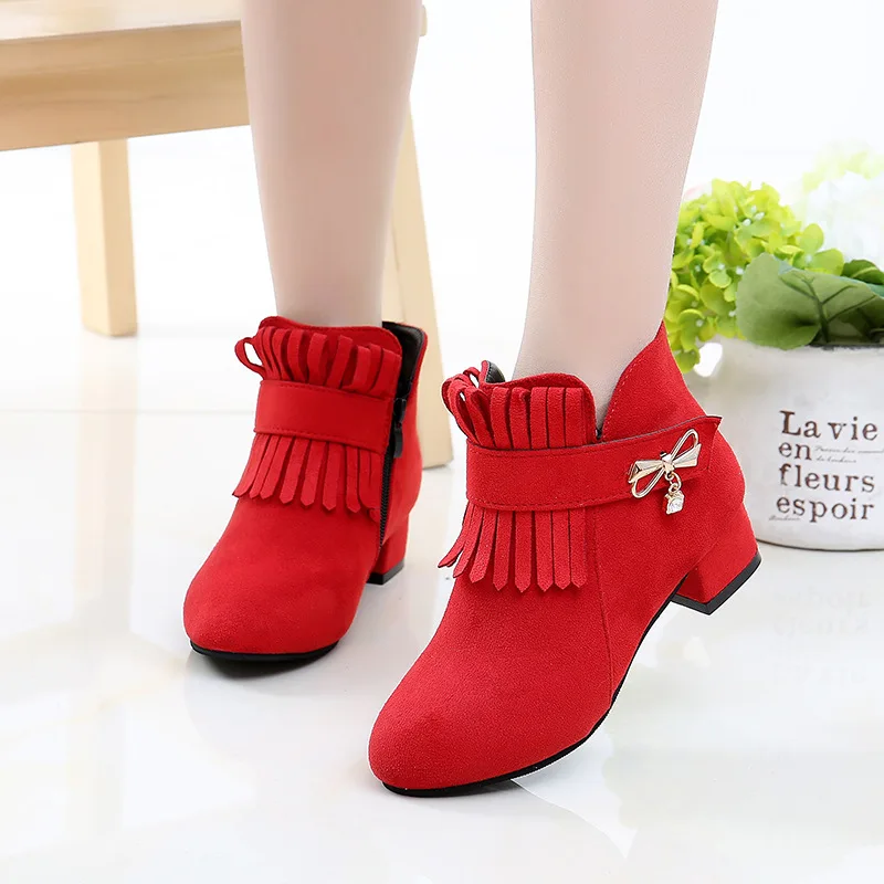 

High Heels Flower Kid Boot Girl Shoes For Children Warm Winter Autumn Red Ankle Boots Sneakers Suede 3 4 5 6 7 8 9 10 11 12 Year