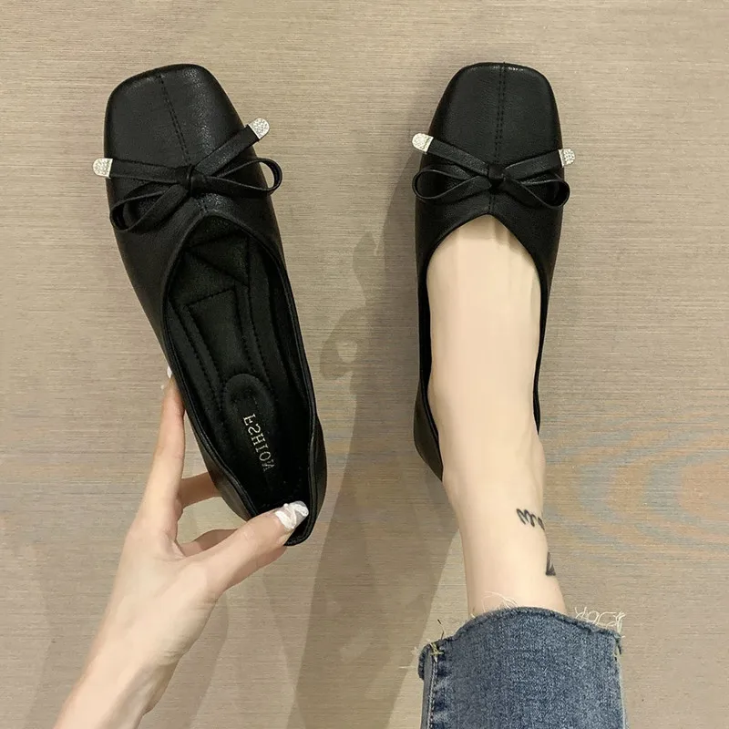 

Casual Woman Shoe Square Toe Female Footwear Soft Bow-Knot British Style Shallow Mouth Comfortable Dress Boat Butterfly New
