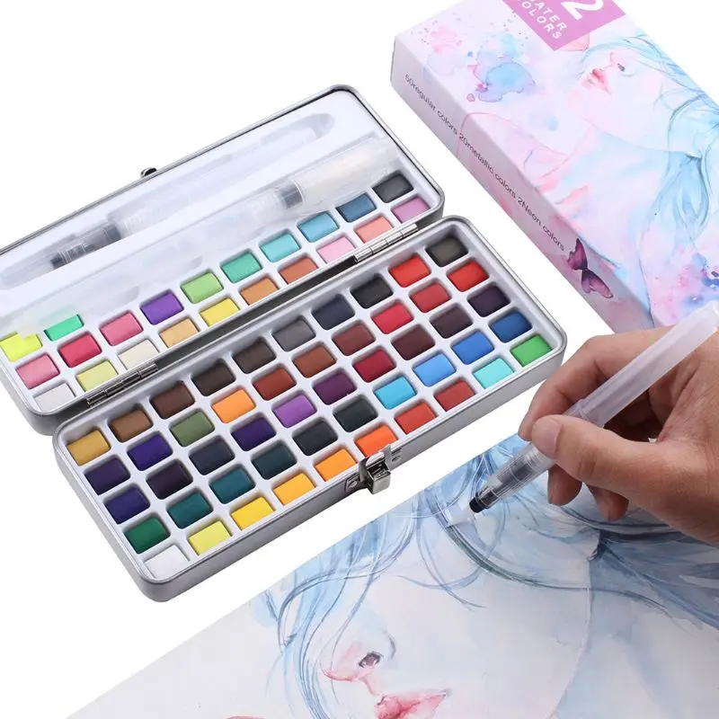 

72 Color Solid Watercolor Paint Set with 3 Paint Brushes Kit Portable Metal Case Beginners Students Art Painting Tool