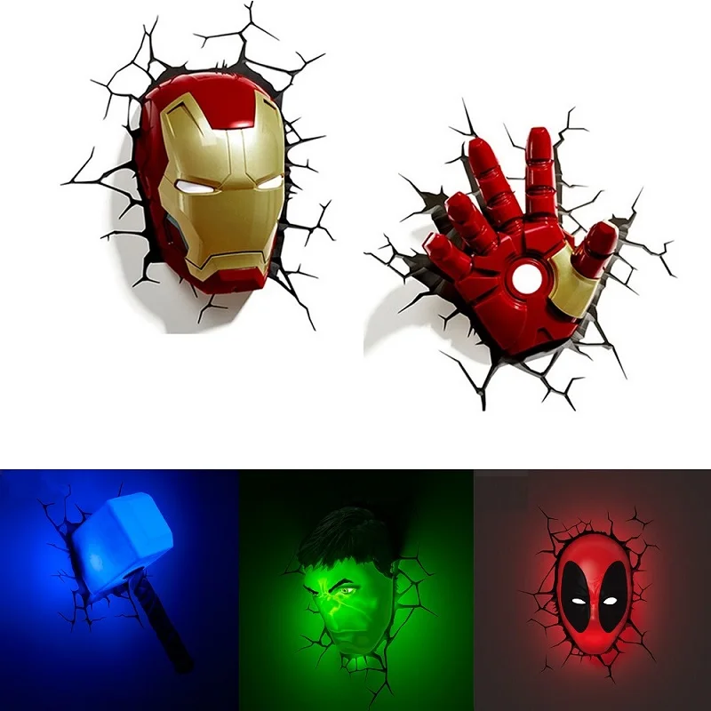 Creative 3D Marvel LED Wall Lamp Decor Avengers Series Iron Man Hulk Captain America Deadpool Night Light Christmas Kids Gifts