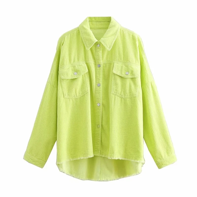 

za Women 2020 Fashion Oversized Frayed Trim Corduroy Blouses Vintage Long Sleeve Pockets Loose Female Shirts Chic Tops