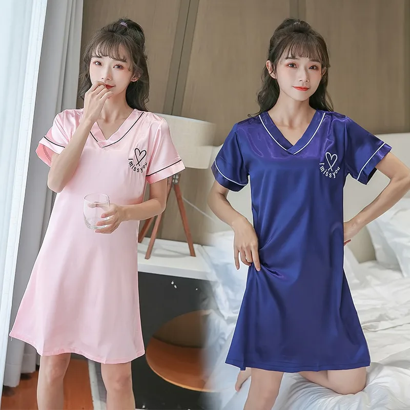 

2020 Summer Silk Satin sexy V-neck Nightgown for Women Short Sleeve Sleepwear Nightwear Night Dress Home Dress Nightdress Nighty