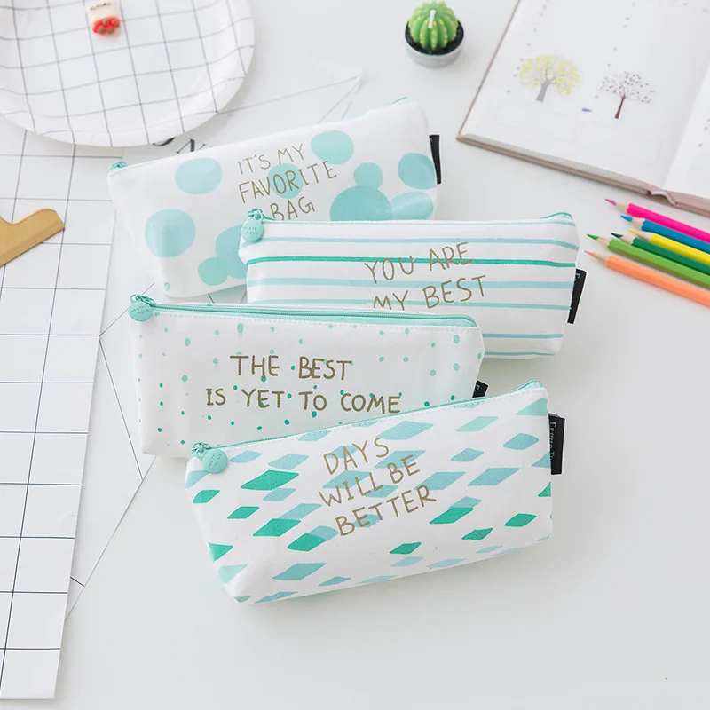 

Korean Cute Green Color Pencil Case Stationery Kawaii Fresh zipper Pencil case Pen bag For Students School Office Storage bag