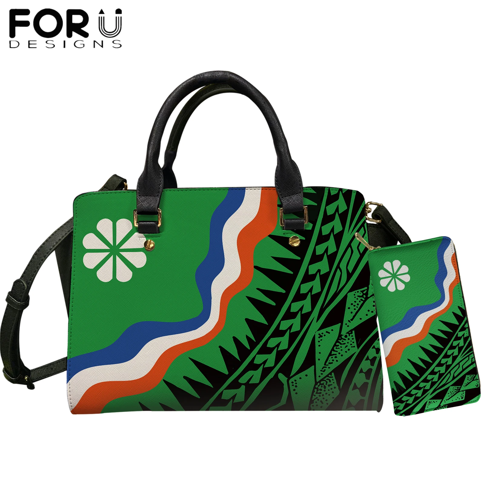 

FORUDESIGNS Newest Polynesian Marshall Islands Tribe Pattern Women Fashion Travel Large Handbags PU Leather Long Purse Set Gifts