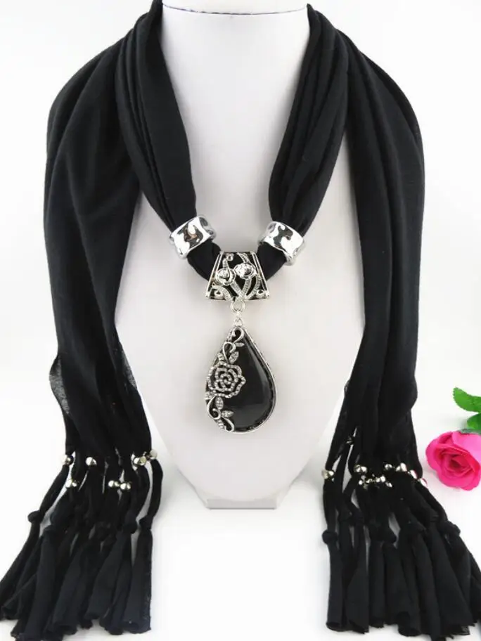 

Fashion Necklaces For Women Soft Shawl polyester Scarves metal Bead Charm water drop Necklaces Pendants