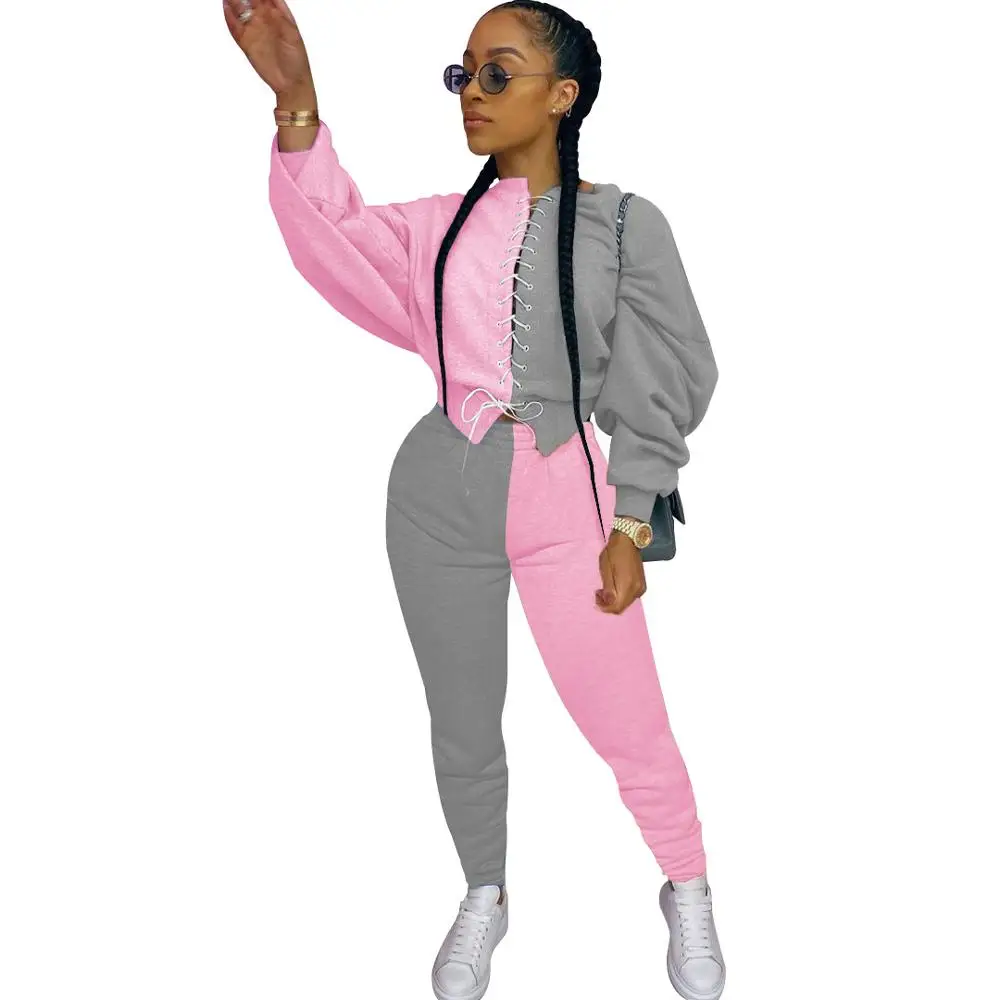

Lounge wear Patchwork Tracksuit Women Fitness Long Sleeve Lace Up Bandage Hoodie Top with Pants Two Piece Set Jogging Femme