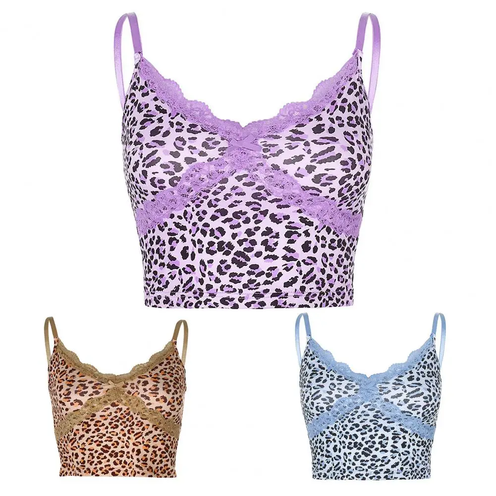 

50% HOT SALES!!! Women Sexy Sleeveless Spaghetti Straps Lace Trim Crop Top Leopard Camisole Vest