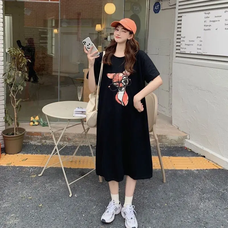 

Large Size Women's Belly Cover Korean Skirt Loose Mid-length T-shirt Dress