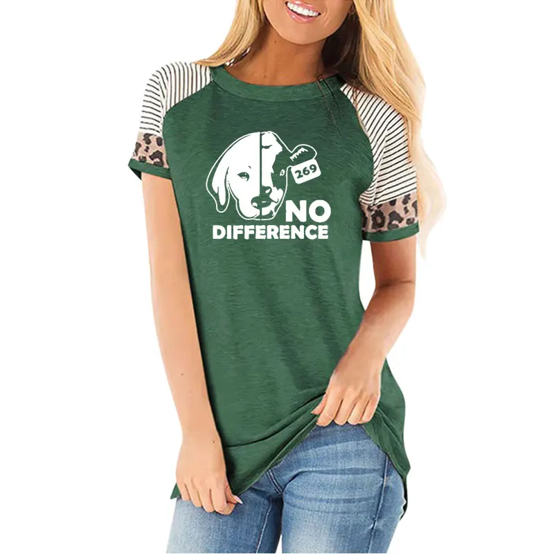 

No Difference Dog Cow Vegan Vegetarian T Shirt Funny T-shirt Women Clothing Casual Cotton Short Sleeve striped leopard Tops