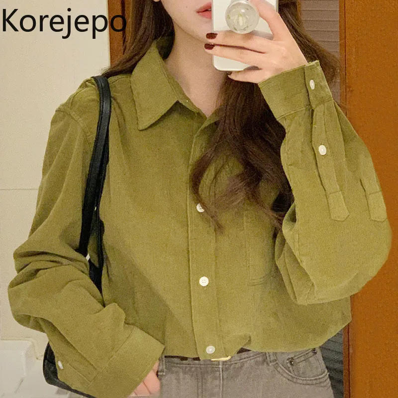 

Korejepo Corduroy Shirt Autumn Winter Women 2021 New Vintage Olive Green Single Breasted Loose Casual Versatile Long Sleeved Top