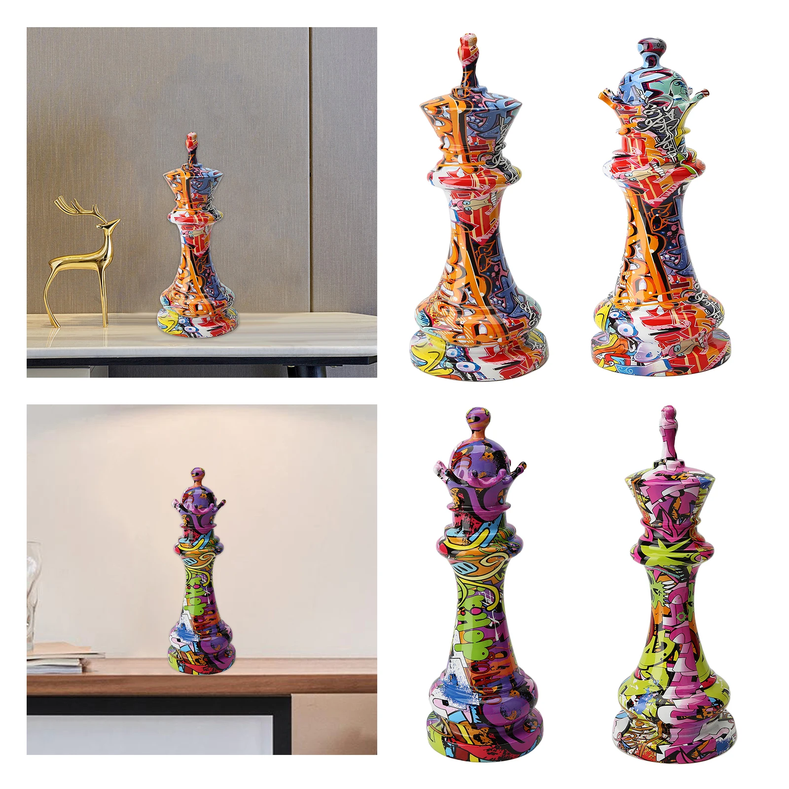 

Graffiti Chess Statue Sculpture Chess Piece Figurine Photo Props Living Room Home Office Desktop Decor