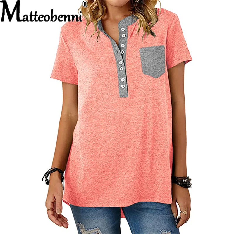 

2021 Women Summer Fashion V-Neck Stitching Top Short Sleeve Patchwork Button T-Shirt Ladies Casual Loose Comfortable Daily Tops