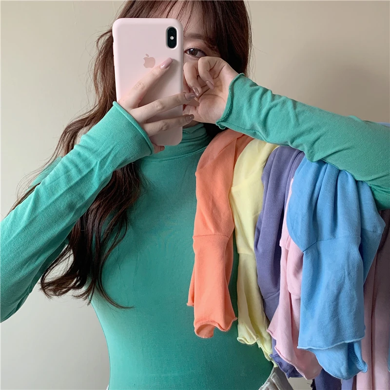 

8 colors autumn korean style slim women tops see through turtleneck long Sleeve t-shirt Womens Casual Tees shirt femme (R99988)