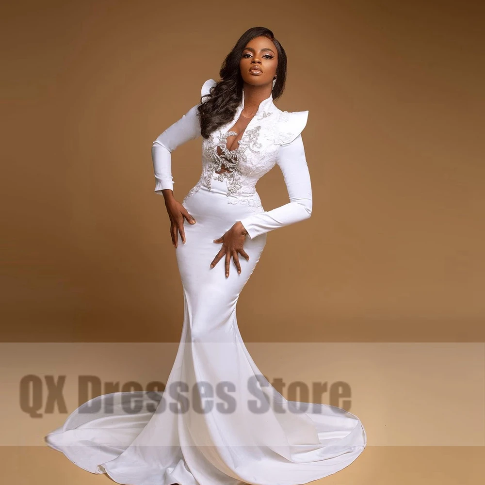 

Pure White Elegant Floor Train Evening Mermaid Plus Size Beading Lace Satin Women Prom Party Gowns 2022 Custom Made Dress