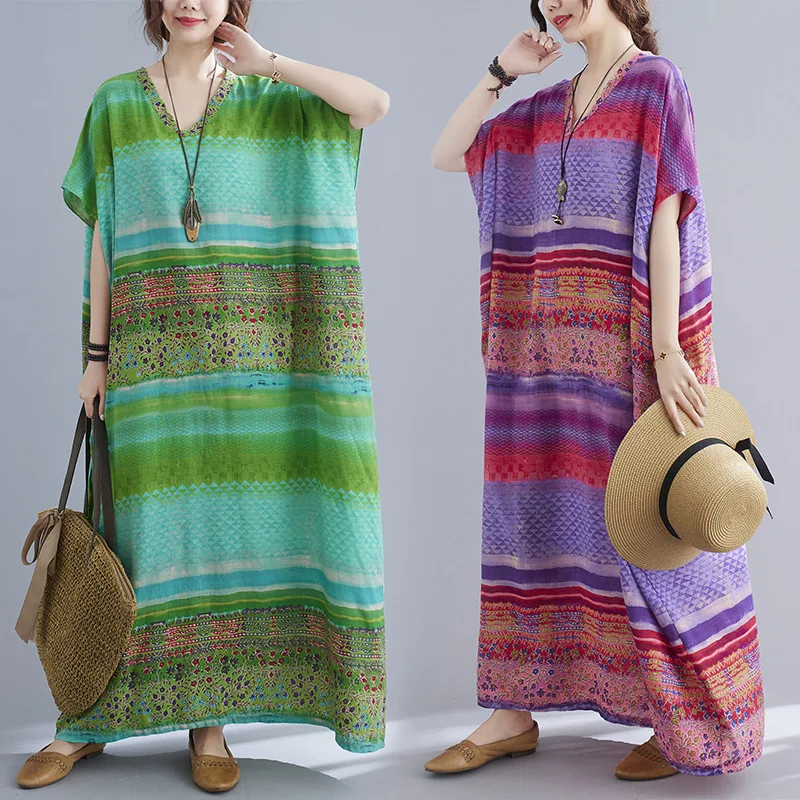 

Summer Print V-neck Beach Dresses Women Bohemian Robe Loose Dress Long Maxi Batwing Sleeve Robe Dresses Women Plus Size Dresses