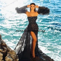 black sparkly sequins prom dress mermaid 2021 split strapless formal occasion party gowns with sleeves vestidos de gala