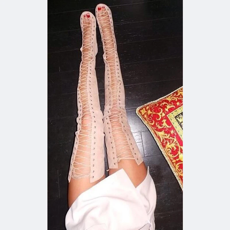 Женские облегающие сапоги выше колена из искусственной замши с открытым носком