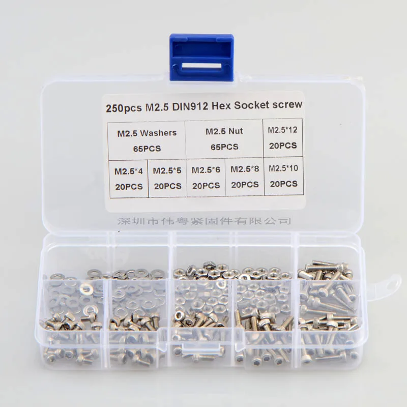 

250Pcs/Lot DIN912 304 Stainless Steel Hexagon Socket Head Cap Bolt M2.5*4/5/6/8/10/12mm M2.5 Nut and Washer Screws Set