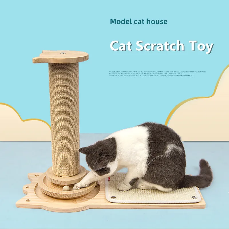 

Деревянная Когтеточка для домашних животных, кошек, домик с шариком из перьев, игрушка, стенд для лазания, интерактивные тренировочные игру...
